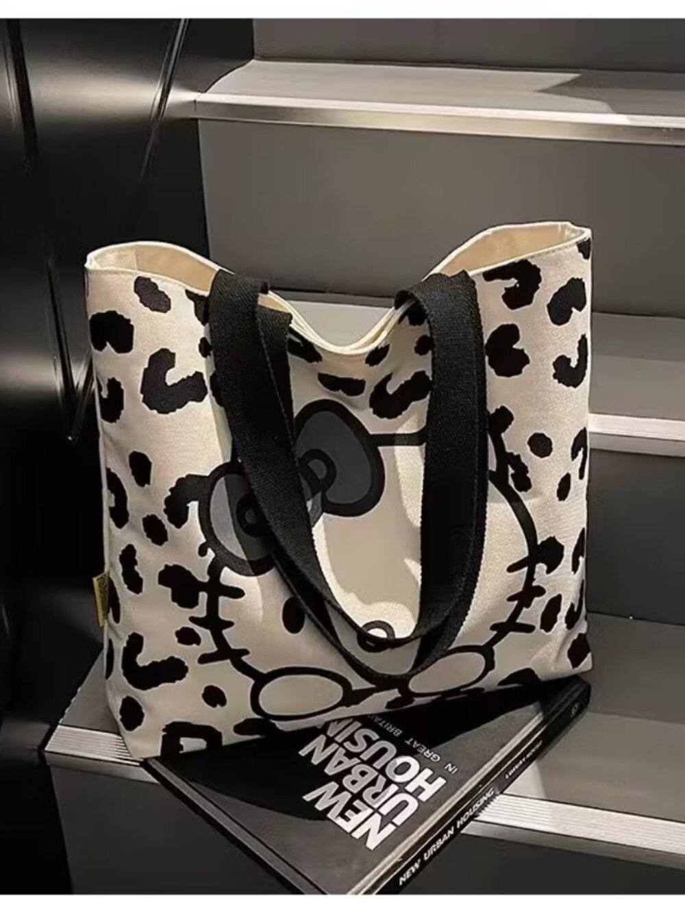 HELLO KITTY‎ Black & White Leopard Print Canvas Tote Shopping Bag NEW & SO CUTE! - Picture 3 of 8